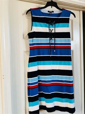 Chaps Striped Lace-Up Midi Dress in Blue/Black/White with Red Accents